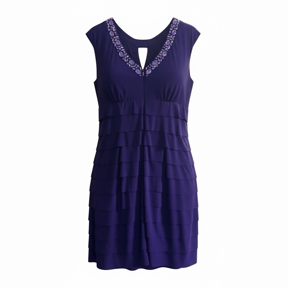 Alex Evenings Purple Tiered Ruffle Gemstone Embellished Cocktail Dress Petite‎